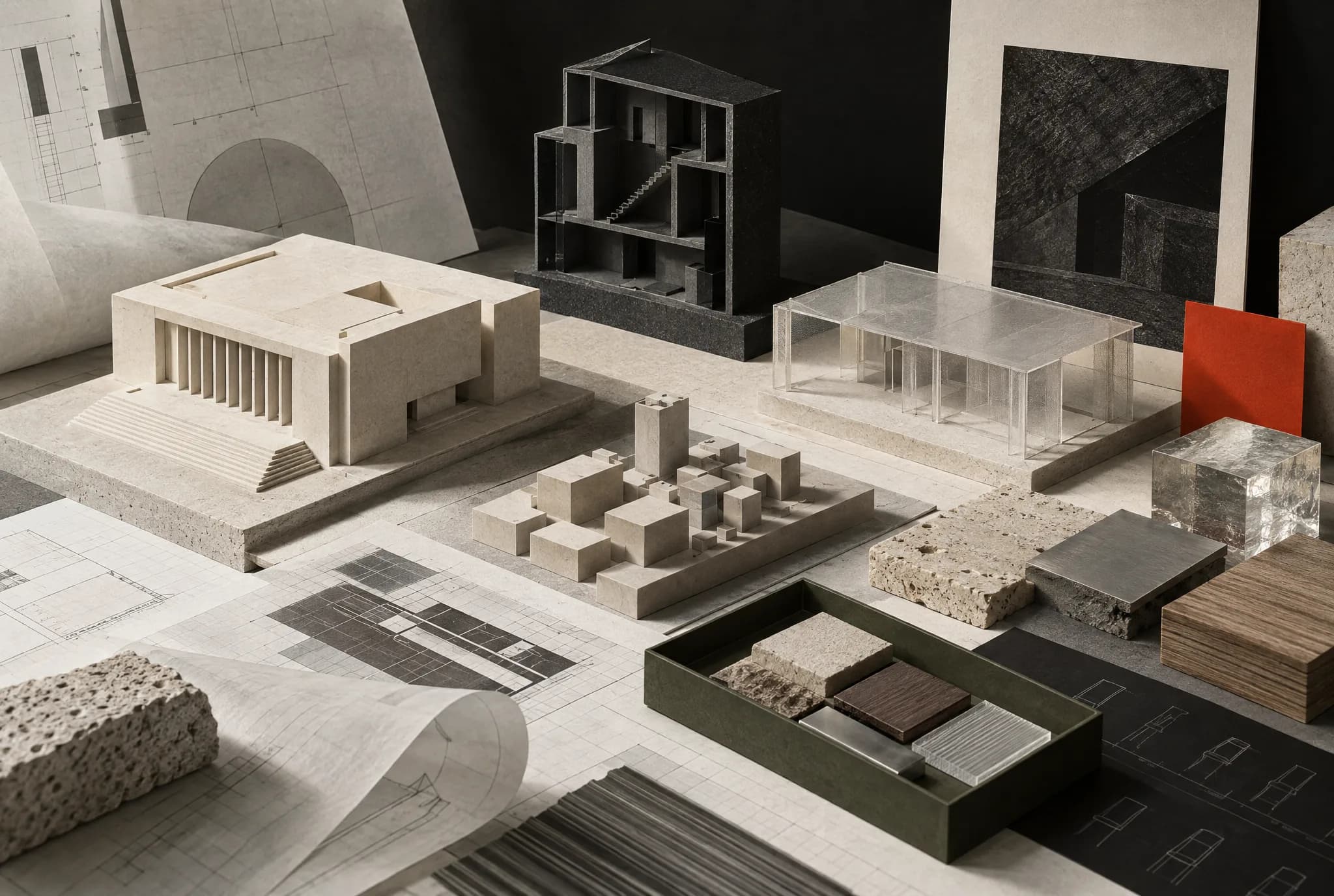 Concept visualisation of material for The Architecture Fair: architectural models in stone, timber and acrylic arranged with drawings and a tray of material samples.
