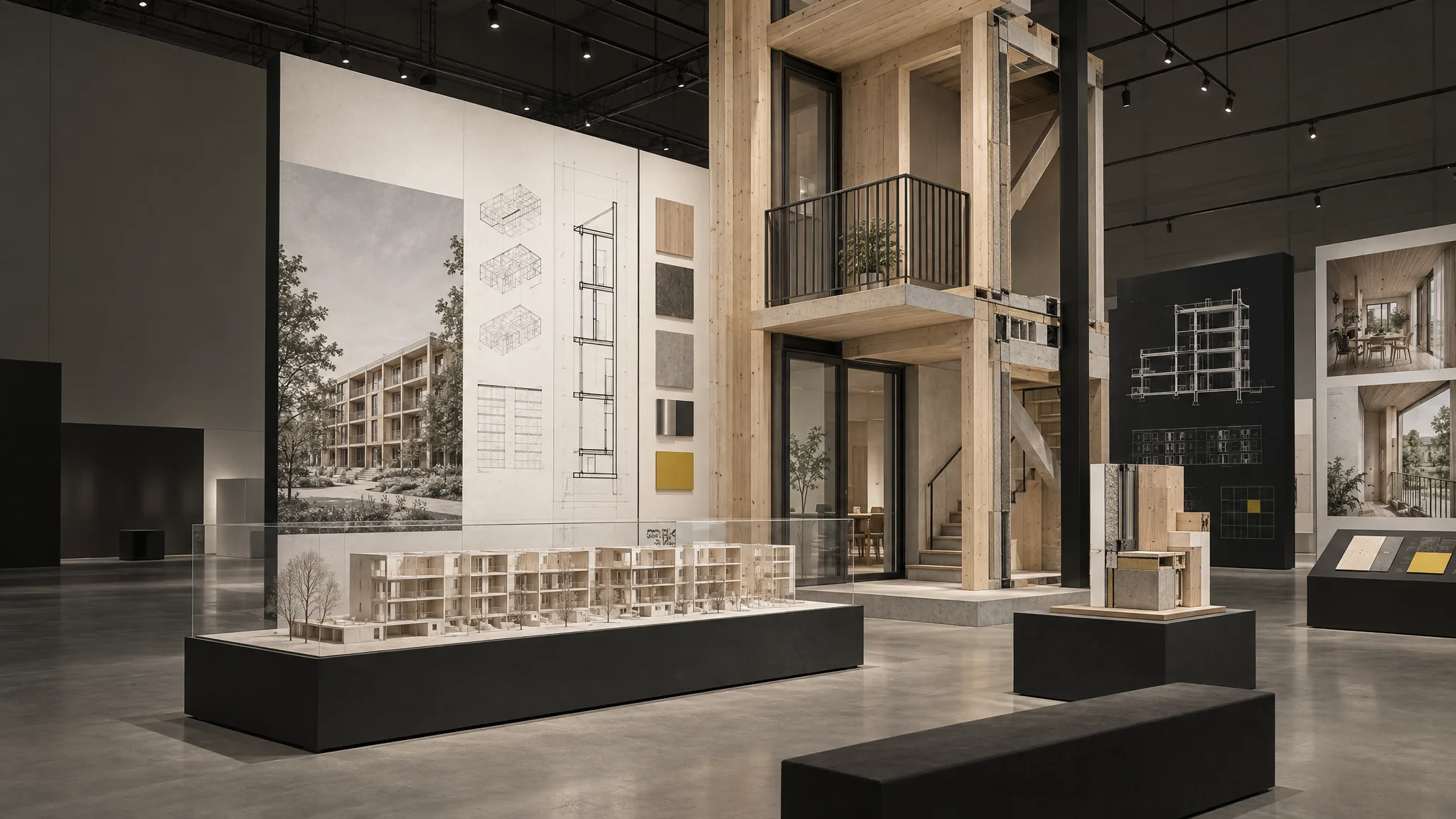 Concept visualisation of The Architecture Fair: a studio presentation of a housing scheme, with a full-height timber construction mock-up, drawings and a long model case.