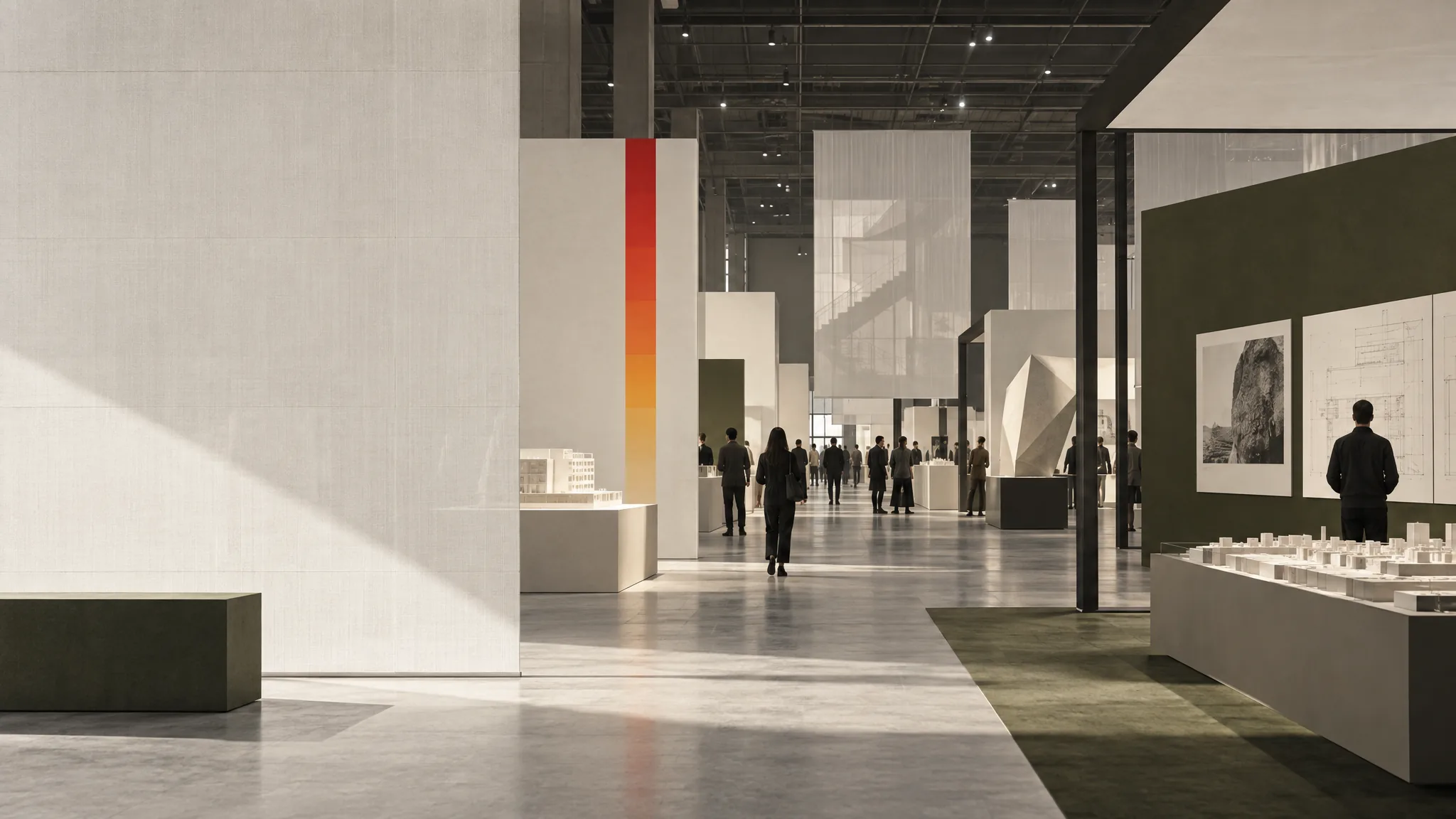 Concept visualisation of The Architecture Fair: visitors moving through a hall of pale exhibition walls, architectural models on plinths, and a red-to-yellow gradient panel.